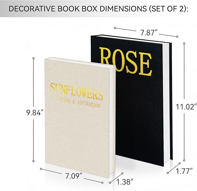 Premium Linen Decorative Book Box Set of 2 - Letter Gold Foil Embossed with Hidden Storage | Coffee Table, Bookshelf & Mantel Decor & Keepsake Organizer to Elevate Home Aesthetic, Black
