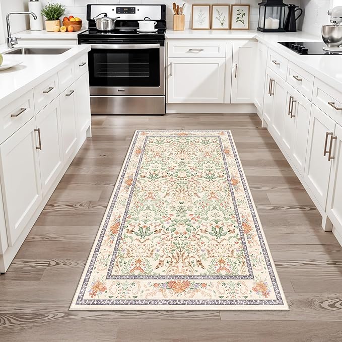 3x6 Botanical Rug Washable Non-Slip – Soft Wide Floor Carpet Runner for Kitchen Entryway Hallway Bathroom, Vintage Florals Animals Low Pile Area Rug (Cream)