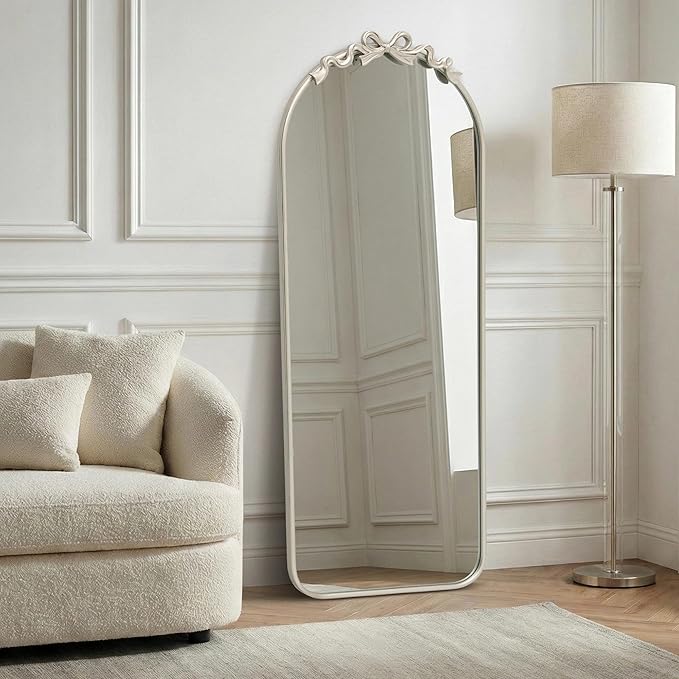 Besdomus Arched Mirror Full Length: 21"x56" Bow Champagne Silver Large Floor Standing Mirror - Antique Baroque Traditional Ornate for Entryway/Cloakroom/Bedroom - Home Decor for Fashion-Conscious