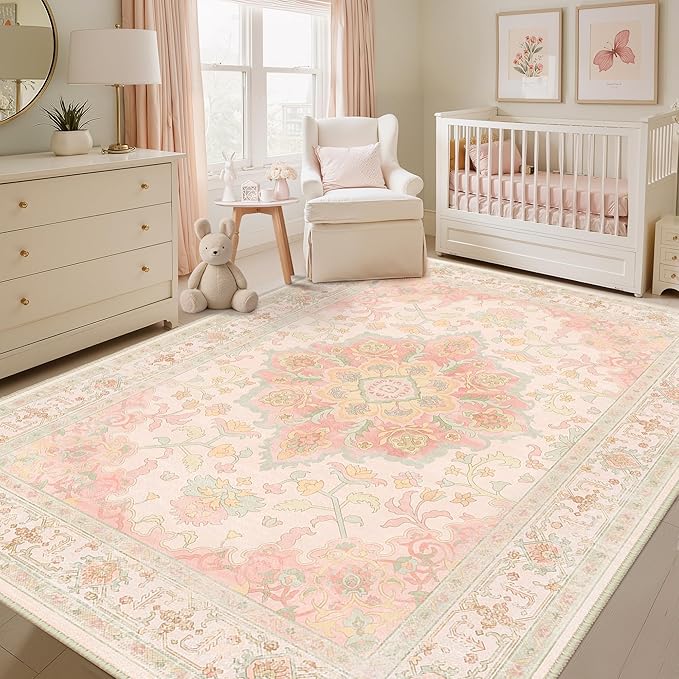 CAPALOCA Machine Washable Rugs Nursery Rug 8x10 Cute Girl Non Slip Low Pile Water Repellent Soft Print Pattern for Bedroom Indoor Decor Kids Playroom Pink Green