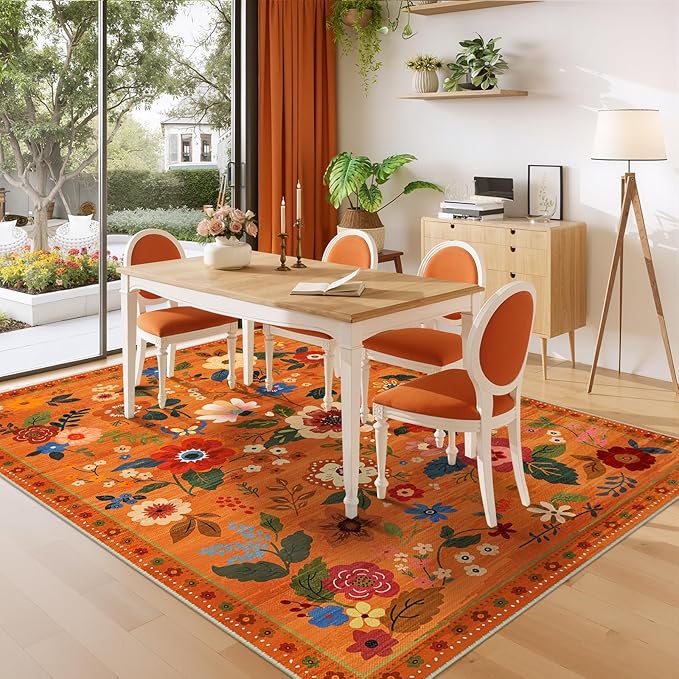 RELEANY Floral Nursery 6x9 Area Rugs Washable Print Boho Cute Carpet Non Slip Flower Low Pile for Living Room Kids Girls Playroom Bedroom Kitchen Office Farmhouse-Burnt Orange