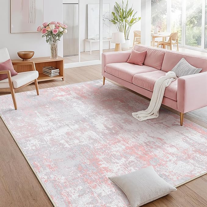 RELEANY Washable Area Rugs 9'x12' Non-Slip Modern Abstract Soft for Living Room Entryway Bedroom Nursery, Print Pattern, Grey Pink