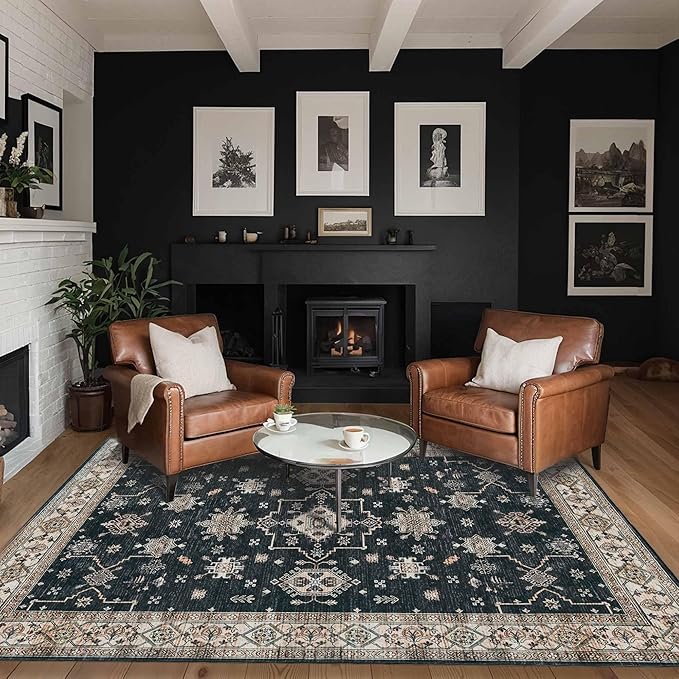 Rugxara 5x7 Area Rugs for Living Room Bedroom, Large Washable Rug, Black Vintage Floral Boho Rug, Non Slip & Low Pile Faux Wool Thin Carpet for Indoor Dining Room and Kids Room(Black 5x7ft)
