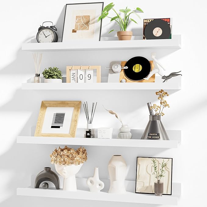 Heimlove Picture Ledge Shelf,24 inch Long Floating Shelves for Wall Set of 4,White Picture Shelf with Lip for Wall Decor,Living Room,Bedroom,Bookshelf,Nursery,Perfume