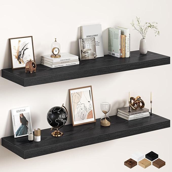 Black Floating Shelves 55Inch Long, 12 Inch Deep Floating Shelves for Wall, 55 x 12 Large Floating Shelf for Fireplace Mantel, 2" Thicked Rustic Wall Shelves for Living Room, Bedroom Storage, 2 Packs