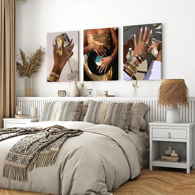 Black Girl wall Art Set of 3, African American Woman Wall Decor Fashion Gold People Music Poster Canvas Prints Paintings Pictures for Bedroom Living Room Decoration 12x16 inch Framed