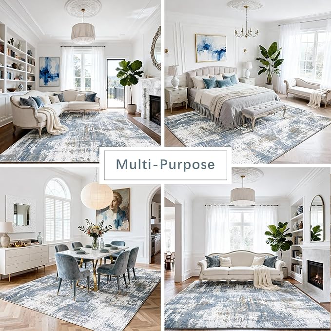 Srugn Washable Rugs 8x10 Area Rugs for Living Room,Modern Abstract Rugs for Bedroom,Large Carpets,Ultra Soft Faux Wool Dining Room Rug,Non Slip Low Pile Print Rug- Blue- (White-Reddish Brown)