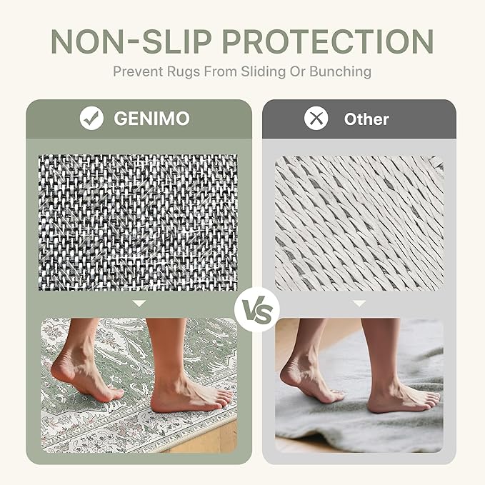 GENIMO 8X10 Washable Vintage Area Rugs for Living Room, Non-Slip Low Pile Chenille Print Rug, Soft Rugs for Bedroom Dining Room Home Office, Sage & Linen