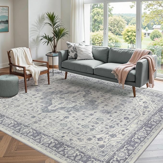 Rugxara Washable Area Rug for Living Room, Vintage Boho Rugs for Office, Dining Room, Kids Room, Farmhouse, Durable Low Pile Non Slip Carpet for High Traffic Areas, Blue Quartz(4x6ft)