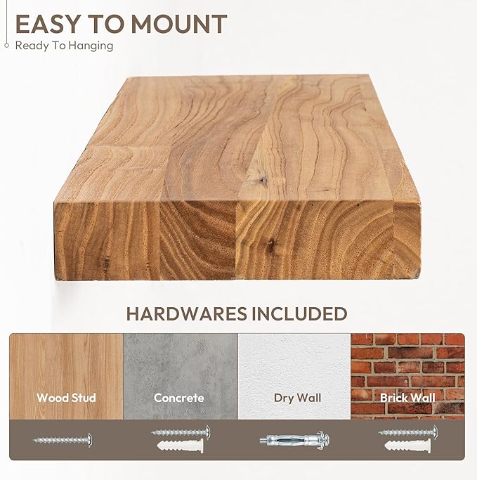 Marsmiles 40 inch Floating Shelves for Wall Solid Elm Wood Wall Mounted Shelves|Rustic Long Floating Shelves with Invisible Bracket for Bathroom Living Room Kitchen|Natural, 1 Pack