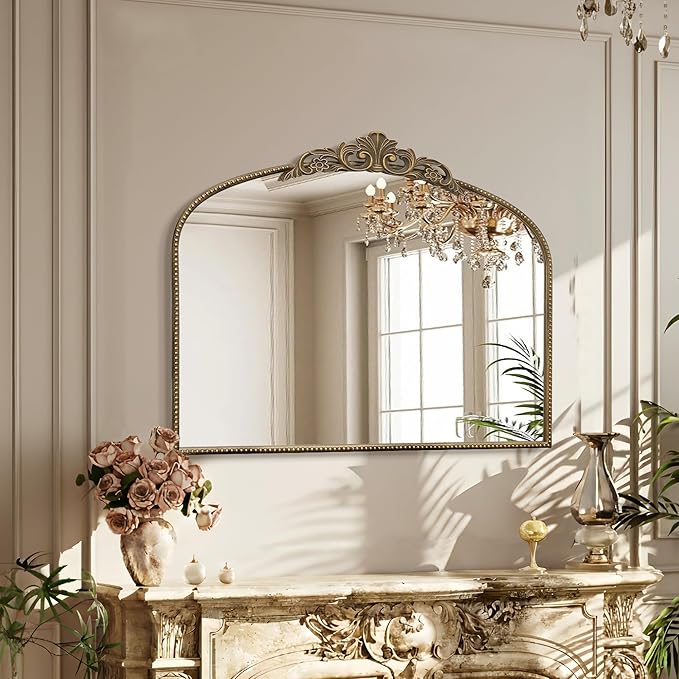 Micasso Large Gold Antique Mirror: 40"x29" French Baroque Arched Mirror - Traditional Ornate Vintage Mirrors for Wall/Mantel/Entryway/Bathroom/Hallway - Home Decor for Living Room