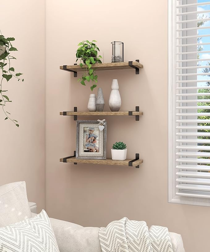 Sapowerntus Wood Floating Shelves Bathroom Wall Mounted, Small Light Rustic Farmhouse Narrow Shelf Storage, Bedroom Living Room Kitchen Office Display Decor with U Metal Brackets Set of 3