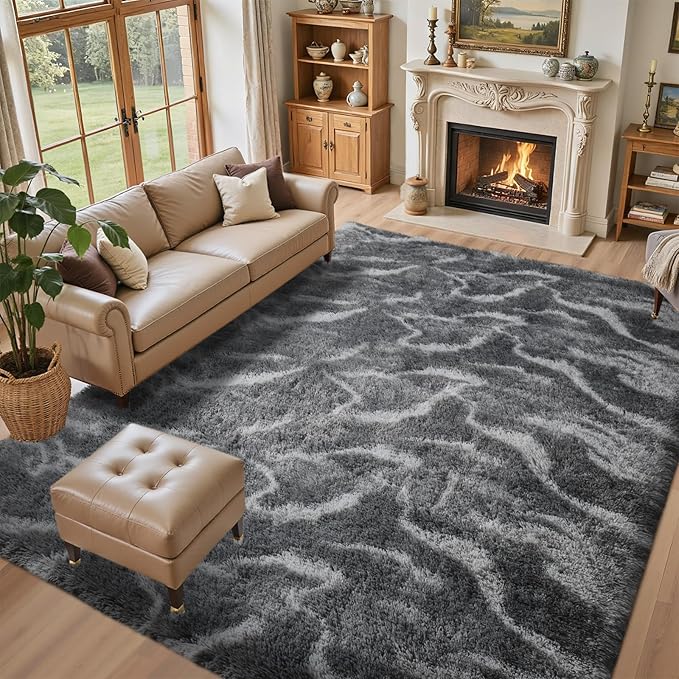 Area Rugs for Living Room 6x9 Feet, Soft Fluffy Shagg Plush Bedroom Rug Non-Slip,Large Carpet for Nursery Kids Dorm Home Decor Wavy Grey