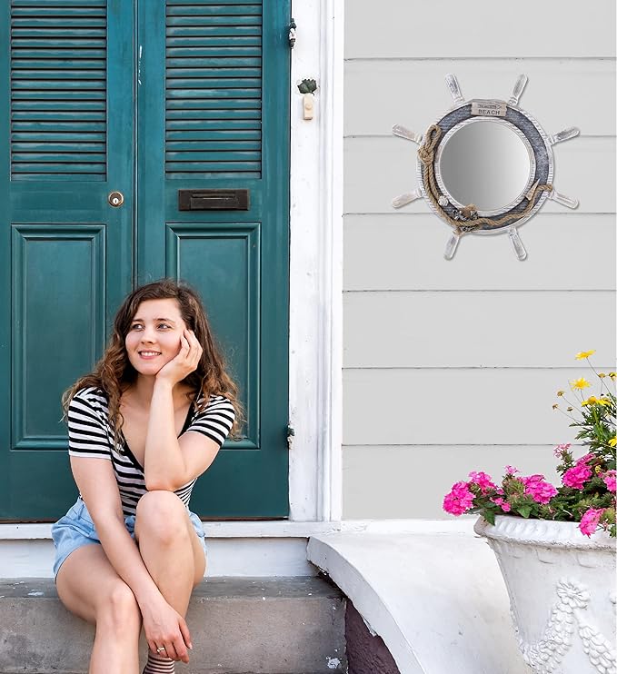 CoTa Global Silver Sea Beach Wall Decor Nautical Ship Wheel Mirror - Handcrafted Wooden Ship Wheel Mirror with Hanger, Nautical Themed Home Decor, Decorative Ornament