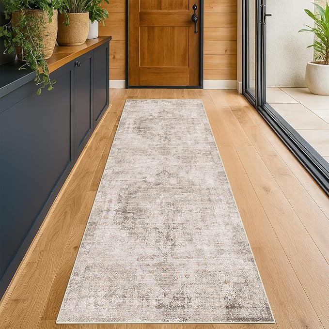 Beige Brown 2'6''x8' Bathroom Runner Rug, Washable Non-Slip 8ft Long Hallway Runner Rug for Entryway, Kitchen, Abstract Modern Home Décor