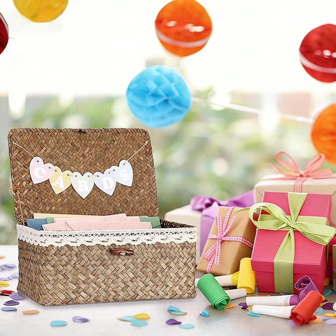 Hipiwe Wedding Card Basket Box Decorative Cards Holder with Letter Flag Handwoven Seagrass Basket Card Receiving Box for Wedding Reception, Baby Shower, Birthday Party, Graduation, Coffee Color