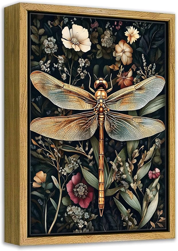 Framed Vintage Botanical Dragonfly Wall Art Dark Green Gothic Nature Dragonfly Flowers Wall Decor Pictures for Living Room Bedroom Home Decoration 8x10in