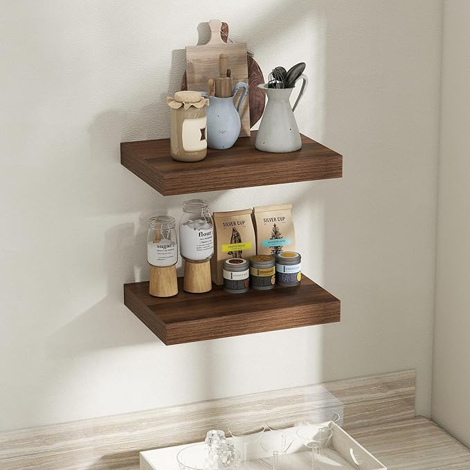Fun Memories Floating Shelves for Wall, 12 x 16 Floating Shelf for Books, Rustic Wood Deep Storage Wall Shelf with Invisible Bracket - 16" Walnut Shelves for Living Room & Bedroom, Set of 2