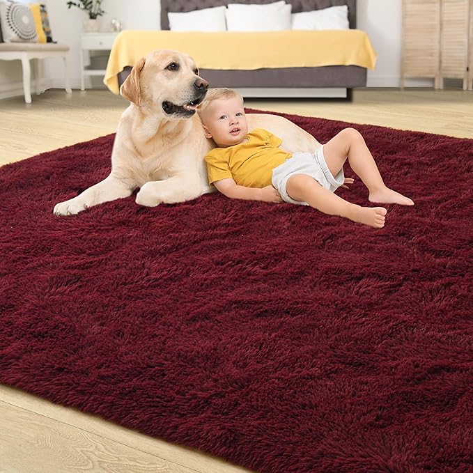 Tepook Fluffy Large Rugs for Living Room, 8x10 Area Rugs for Bedroom, Modern Shag Fuzzy Carpets for Kids Boys Girls, Plush Indoor Nursery Home Decor Rug with Non-Slip Bottom, Burgundy Red