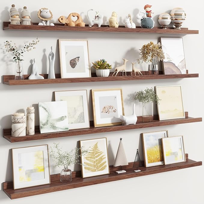 Fun Memories Picture Ledge Shelf, Floating Shelves Set of 4, 48 Inch Picture Shelves for Wall with Ledge, Large Nursery Book Shelf for Toys Storage, Living Room, Bedroom Decor Frames, Walnut