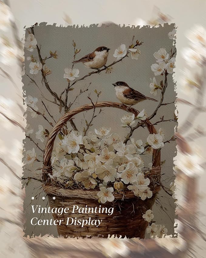 HUARCEY Gold Framed Canvas Wall Art, Bird Flower Basket Vintage Decor, Paintings Farmhouse Wall Decor, Retro Table Desk Decoration Bathroom Bedroom Living Room, 12x16Inch