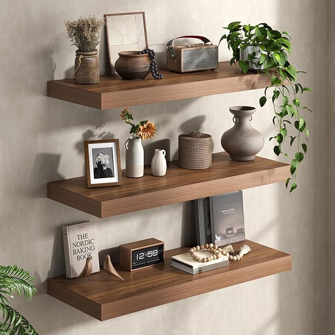 30Inch Walnut Floating Shelves for Wall, 12 Inch Deep Shelves for Bedroom, Kitchen, Bathroom Wall Mounted, Rustic Wood Floating Shelf with Invisible Brackets for Books, Storage, Decor, 2 Packs