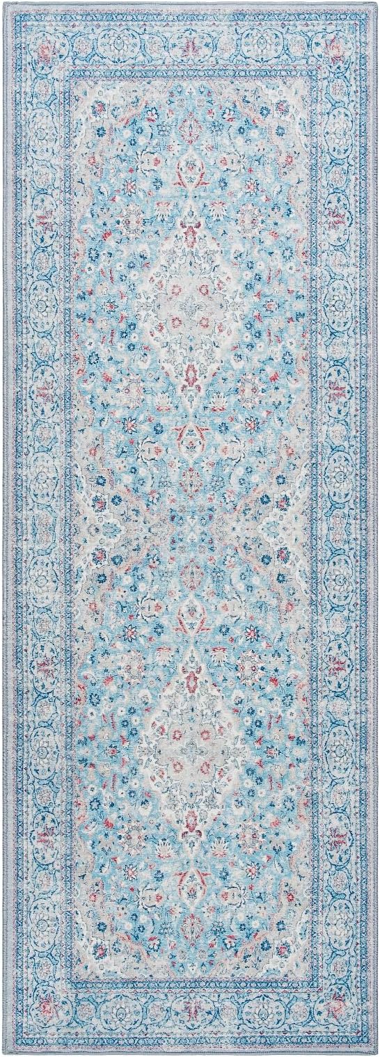 Goideal Washable Runner Rug 2x6, Blue Rugs Non Slip, Indoor Low Pile Carpet with Rubber Backing for Hallway Kitchen Bathroom Entryway Bedroom