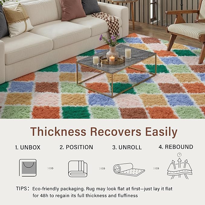 PureCozy 4x6 Checkered Rug for Living Room Colorful Modern Soft Area Rug Fluffy Non-Slip Carpet for Bedroom Playroom Home Aesthetic Decor