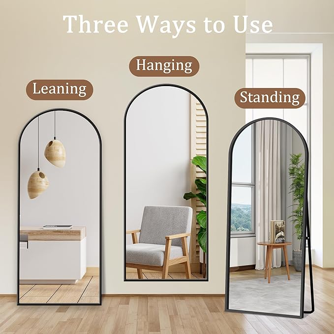 GlasFlength Full Length Mirror with Stand - 57" x 20" Arched Full Body Mirror with Aluminum Alloy Frame, Wall-Mounted/Leaning Against Wall/Standing Floor Mirror for Bedroom, Living Room, and Entryway