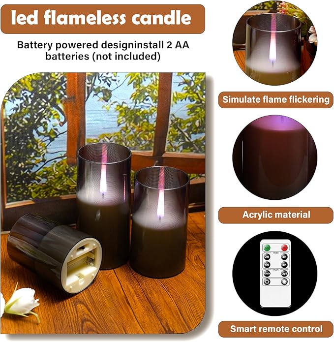 kakoya Flameless Candles Upgraded Realistic Flickering Flame,Battery Operated LED Candles with Remote Timers,Acrylic Electric Candles Set of 3(D 3" xH 4" 5" 6")（Grey）