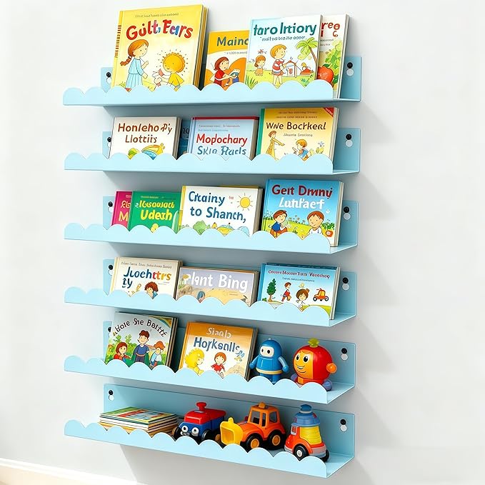Nursery Book Shelves Set of 6, Blue Metal Floating Shelves for Wall, 16 Inch Scalloped Book Shelf for Kids Room, Bathroom, Bedroom, Playroom Wall Decor & Storage