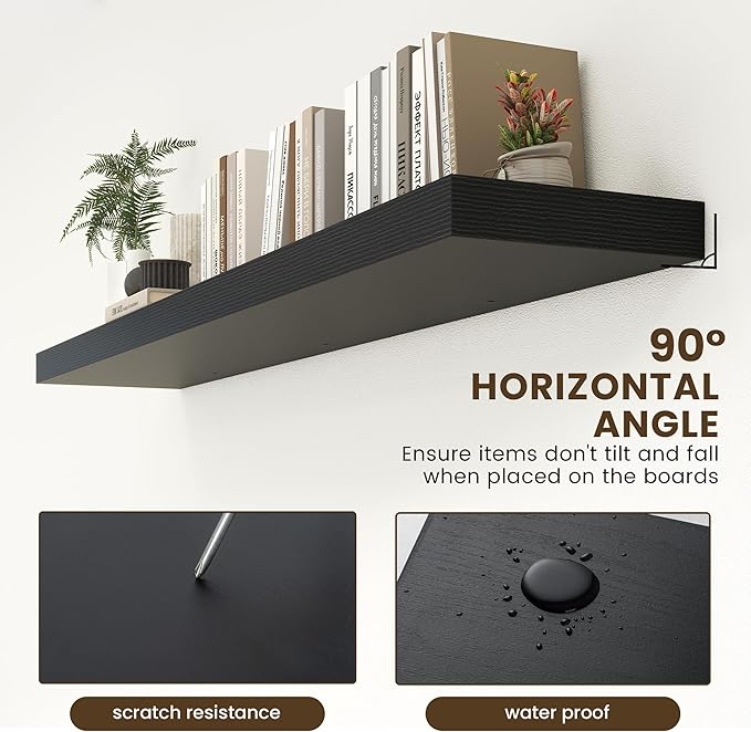 FLYJOE 72 Inch Black Floating Shelf | 12 Inch Deep Floating Shelves Set of 1 | 72" D x 12" D Rustic Wood Shelves for Wall | Deep Black Shelves for Living Room Bathroom Laundry Room Kitchen