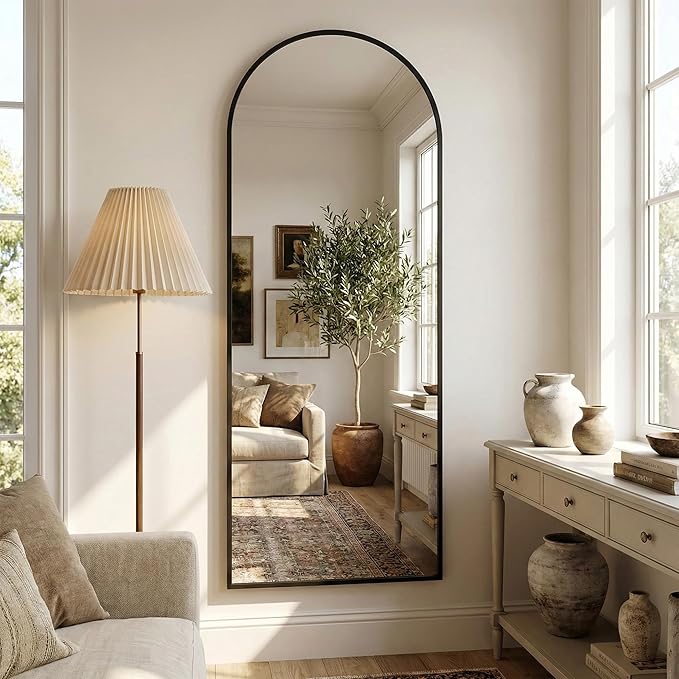 Suidia 59"x18" Arched Full Length Mirror with Stand, Full Body Mirror with Aluminum Frame, Freestanding/Leaning/Wall-Mounted, Floor Mirrors for Bedroom, Living Room, Entryway, Dressing Room, Black