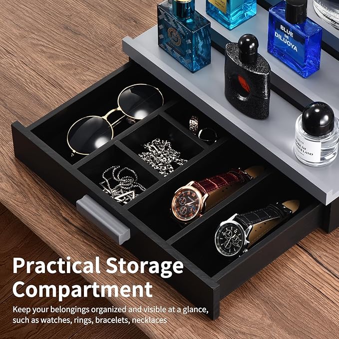 Perfume Organizer for Men, 3 Tier Wood Perfume Display Stand with Velvet Lining Drawer and Hidden Compartment for Watch,Jewelry,Perfume Display Risers,A Gift for Men (Black+Gray)