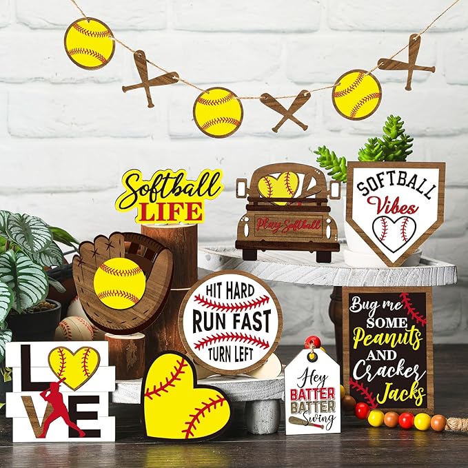 FairySandy 13 Pcs Softball Tiered Tray Decor Birthday Decorations Softball Wooden Table Decor Rustic Sport Game Sign for Fans Theme Supplies