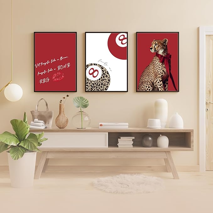 Eastern Print Trendy Red Leopard Wall Art, Set of 6 Cheetah Print Posters, Fashion & Empowerment Decor for Women’s Room, Girl Boss Bedroom Gallery Aesthetic, Unframed (8x10 inch)