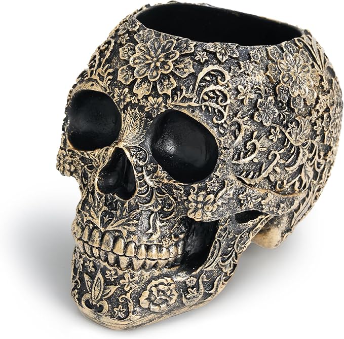 Skull Bowl Decorative Skull Vase Makeup Brush Pen Holder Organizer Dresser Gothic Table Organizer Decoration, Antique Gold Skull Pot Enthusiasts Gifts