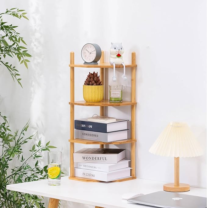 4 Tier Expandable Bamboo Corner Shelf - Dish/Plate Organizer for Cabinet, Kitchen Counter Shelf & Small Kitchen Shelf, Adjustable (1, 4Tier-6.7" H)