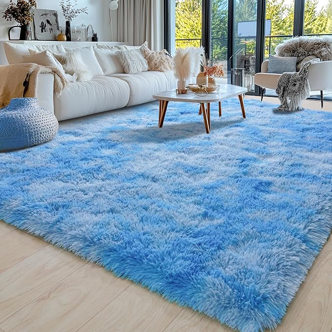 8x10 Area Rugs for Living Room, Ultra Soft Fluffy Large Shaggy Rug Carpet for Bedroom, Non-Slip Fuzzy Plush Rugs for Nursery Boys Girls Kids Room Modern Indoor Home Decor, Tie-Dye Blue
