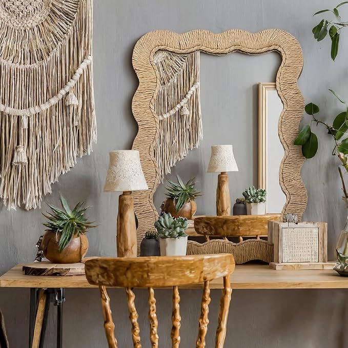 Junkin Boho Scalloped Rattan Mirror Decorative Natural Wicker Wall Mirror with Rattan Frame Boho Coastal Decor for Bathroom Living Room, Entryway Decor(Rectangle,10.4 x 15.8 in)
