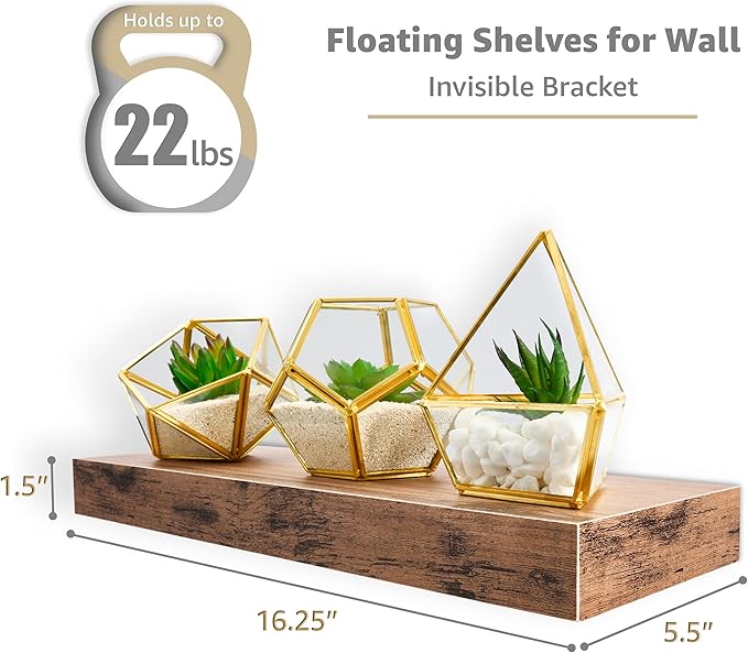 Sorbus Floating Shelves for Wall – 16 Inch Floating Shelf for Kitchen, Bedroom, Living Room, Bathroom, Home & Wall Decor - Mounted Bathroom Shelves with Invisible Brackets (Mahogany, 5 Pack)