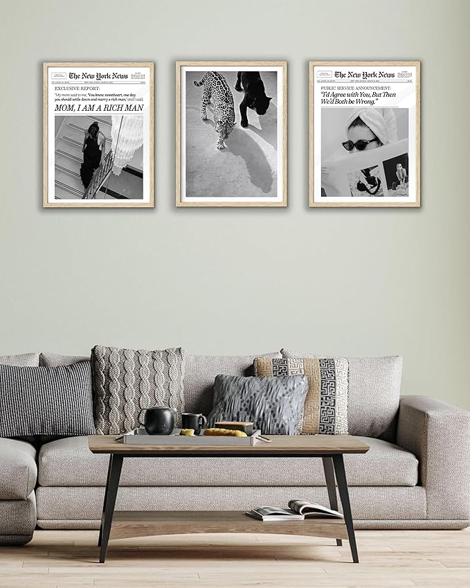 EcoHest Unframed Cheetah and Jaguar Walking Wall Art, 12x16 in OAK Wood Vintage Black and White Funny Bathroom Canvas Art, Fashion 1950s Poster Decor, Beige Logs Set of 1 for Bedroom Living Room