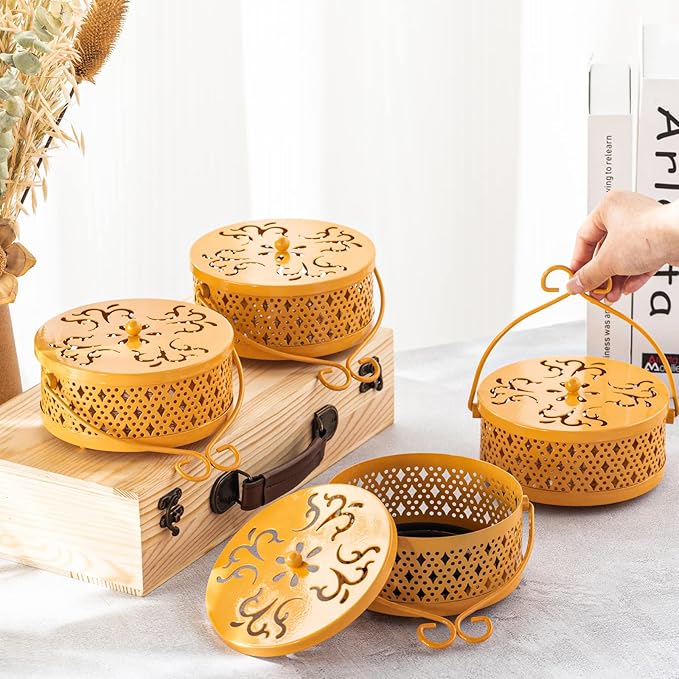 4 Pieces Mosquito Coil Holder Incense Coil Holder Round Retro Portable Metal Hanging Incense Burner with Handle for Home Camping Indoor Outdoor Patio(Yellow)