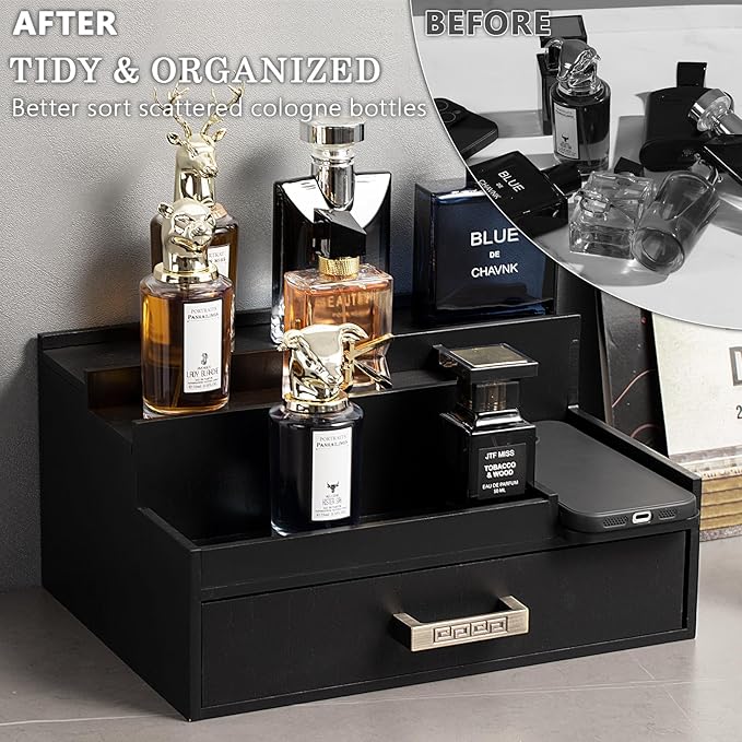 Cologne Organizer for Men, 3 Tier Perfume Display Stand with Drawer and Hidden Compartments, Stylish Wooden Mens Cologne Holder for Dresser Storage, Great Gift for Men/Fathers, Black