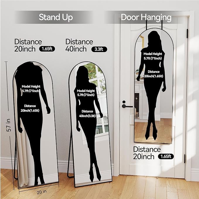 SCWF-GZ 57x20 Door Hanging Full Length Mirror, Floor (Height 5.7ft just Body in1.3ft) or Wall Mounted Metal Frame Arch Dressing Mirrors for Bedroom Bathroom Living Room 57 20 inch Black