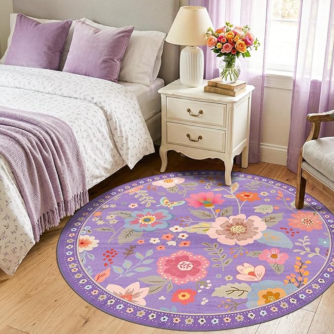 RELEANY Floral Nursery 4ft Area Rugs Washable Print Boho Cute Carpet Non Slip Flower Low Pile for Living Room Kids Girls Playroom Bedroom Kitchen Office Farmhouse-Purple/Pink/Multi