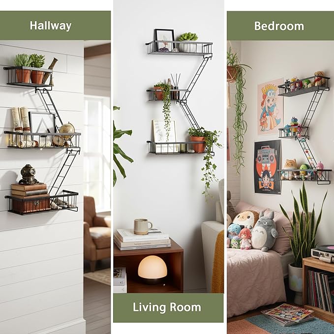 SweetSage Fire Escape Wall Shelf, Modern City Corner Wall Decorative Action Figure Metal Display with Mini Shelf, Black 2.5 Tier