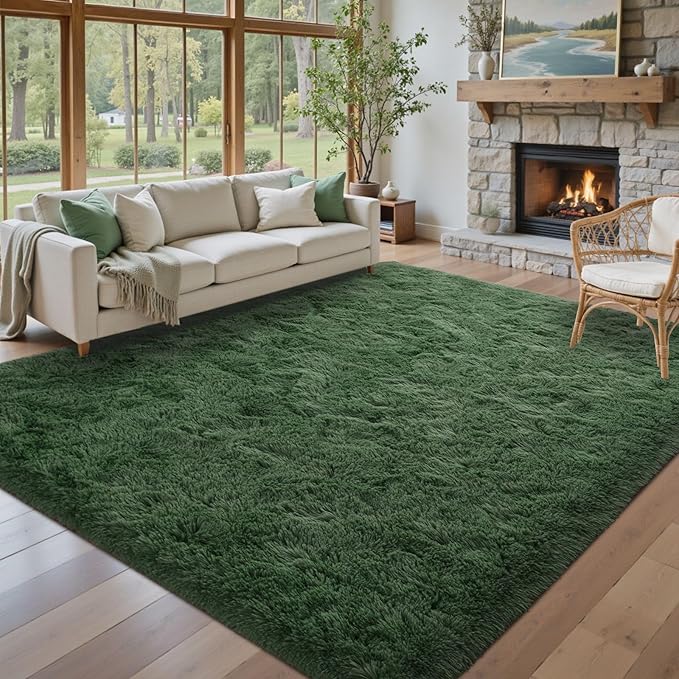 9x12 Area Rugs for Living Room Green Fluffy Shag Rug,Plush Bedroom Grass Carpet for Kids Teens Indoor Classroom Home Decor Aesthetic
