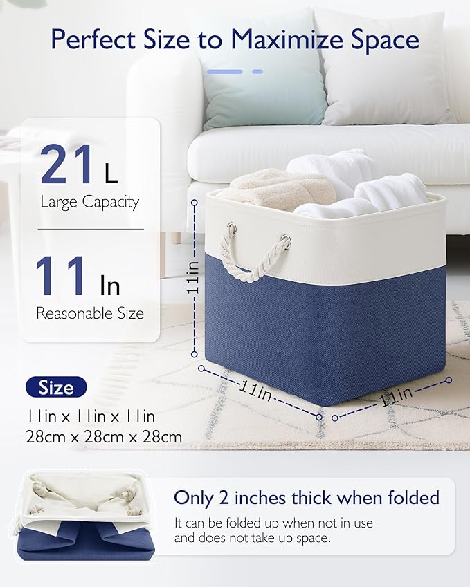 Patvingot 11 Inch Cube Storage Bins, 4 Pack Fabric Storage Cubes with Rope Handles, Organizer Baskets for Closet Shelves, Clothes and Home Organization(White/Blue)