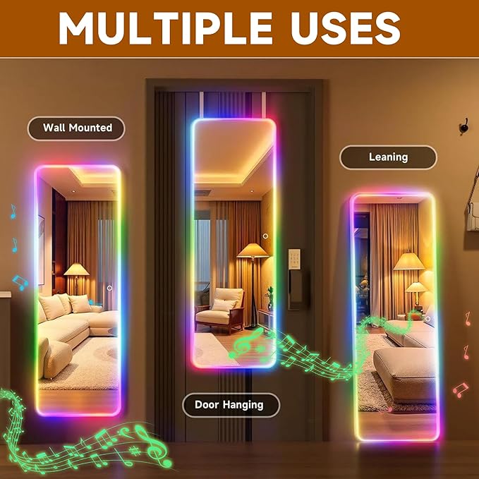 Hasipu 47"x16" LED RGB Door Mirror Full Length with Bluetooth Speaker, Full Body Wall Mirror with Lights, Door Hanging & Wall Mounted Mirror for Bedroom, Living Room, Cloakroom